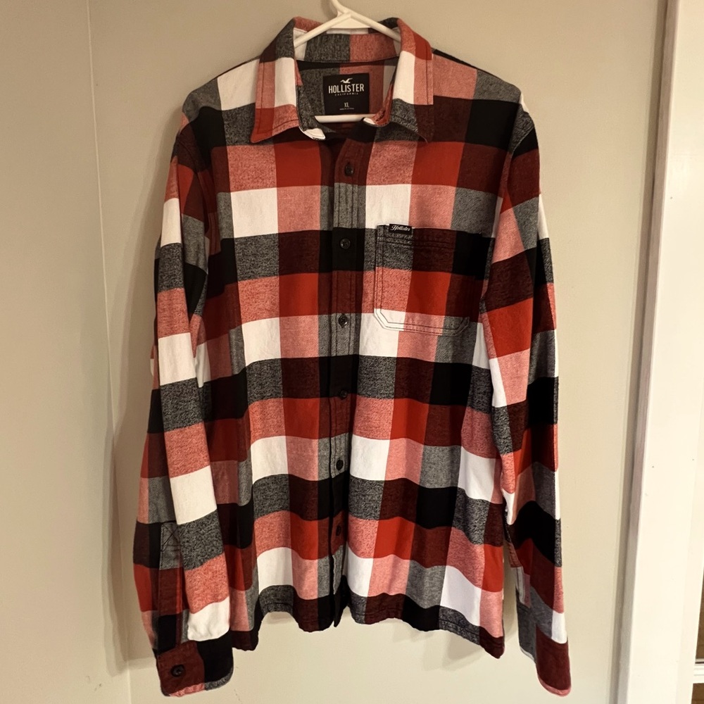 Hollister Men XL Burnt Orange White Black Plaid Thick Soft Flannel Button Shirt
